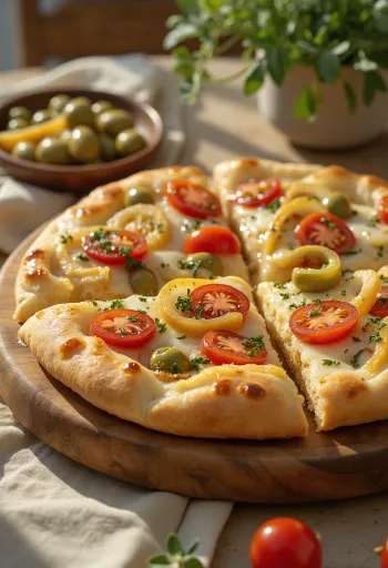 Värviline köögivilja-focaccia tomatite ja oliividega