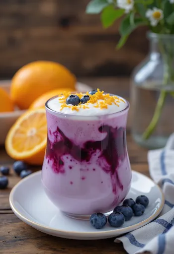 Apelsini-mustika latte klaasis