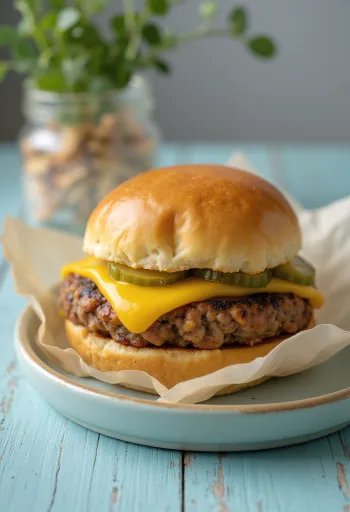 Vegan juustuburger värskete köögiviljadega
