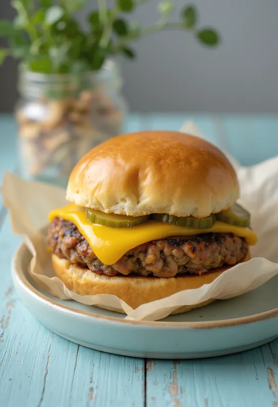 Vegan juustuburger värskete köögiviljadega