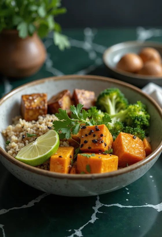 Tofu-Buddha kauss koriandriga serveeritud