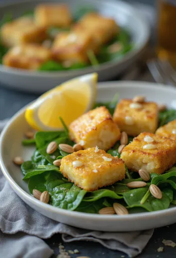 Küüslaugune tofu spinatisalatiga serveeritult, värskete ja krõmpsuvate köögiviljadega