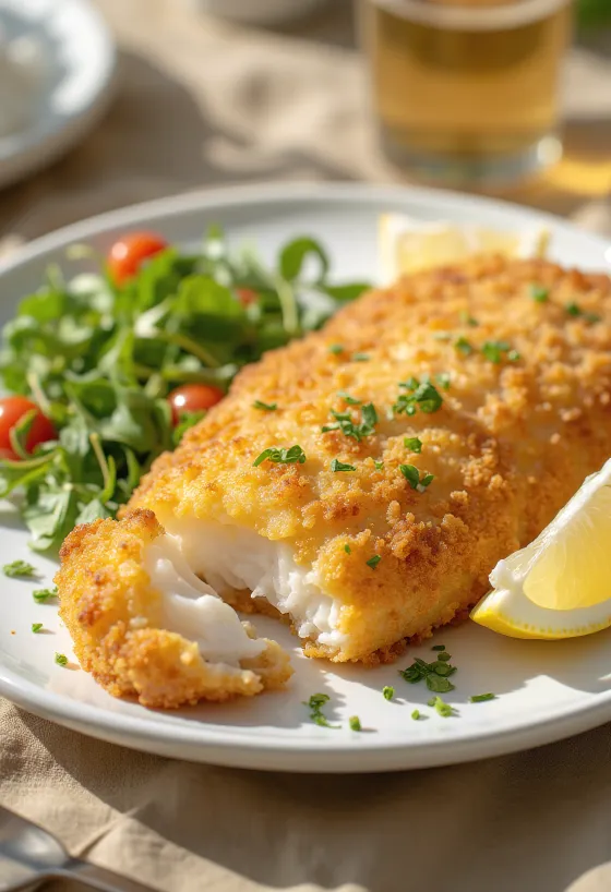 Krõbe paneeritud kalafilee kuldpruuniks küpsetatud, värskete sidruniviilude ja köögiviljadega serveeritud.