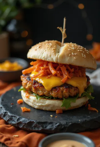 Värskelt valmistatud kanaburger fusion-stiilis kimchi, mango chutney ja hoisin kastmega