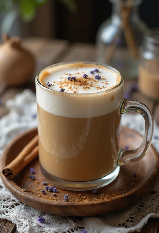 Lavendli-chai latte klaasis, kaunistatud kaneeli ja lavendliga