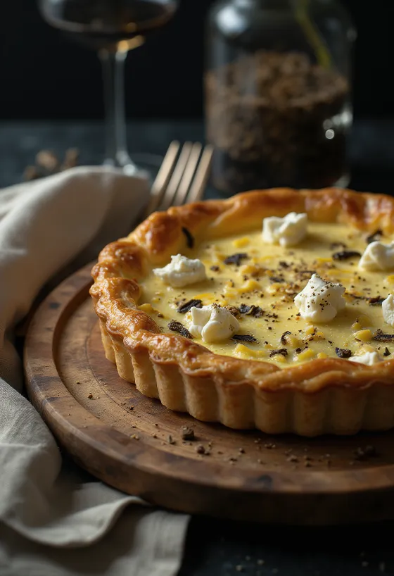 Trühvli ja kitsejuustuga quiche maalähedasel taldrikul