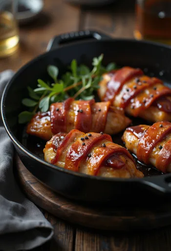 BBQ peekonisse mähitud kanafilee mahlasena serveeritult