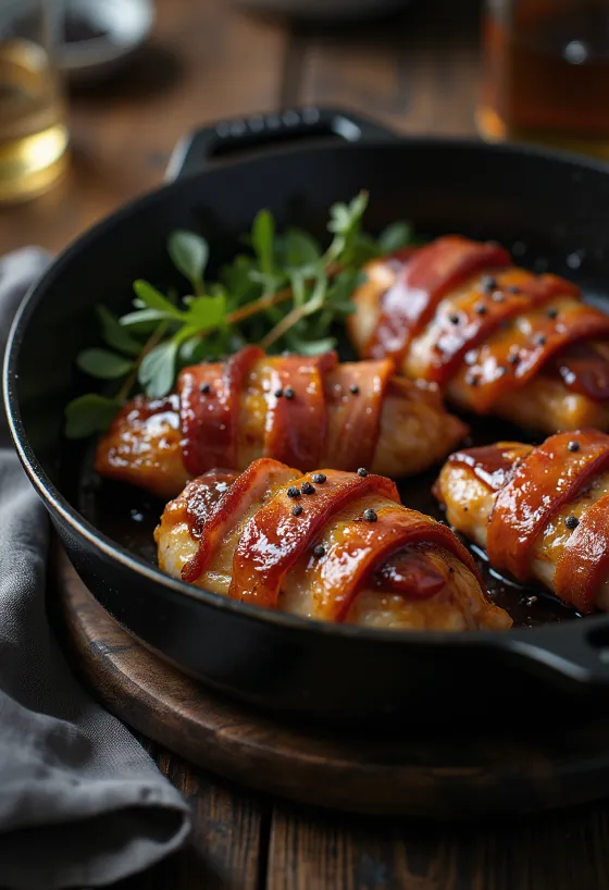 BBQ peekonisse mähitud kanafilee mahlasena serveeritult