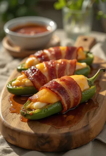 BBQ peekonisse mähitud jalapenod serveeritult