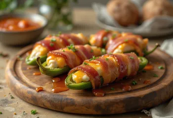 BBQ peekonisse mähitud jalapenod serveeritult