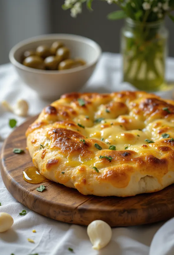 Focaccia suitsujuustu ja küüslauguga serveeritult