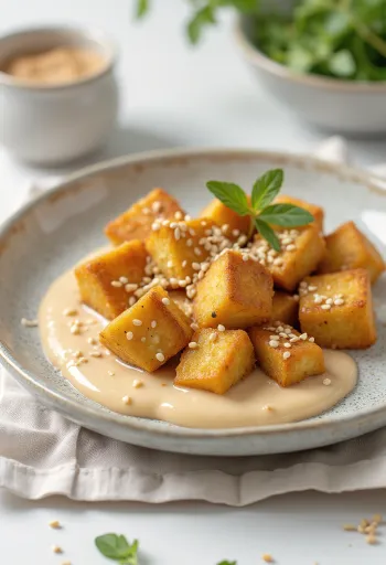 Röstitud tofu tahiinikastmega serveerituna