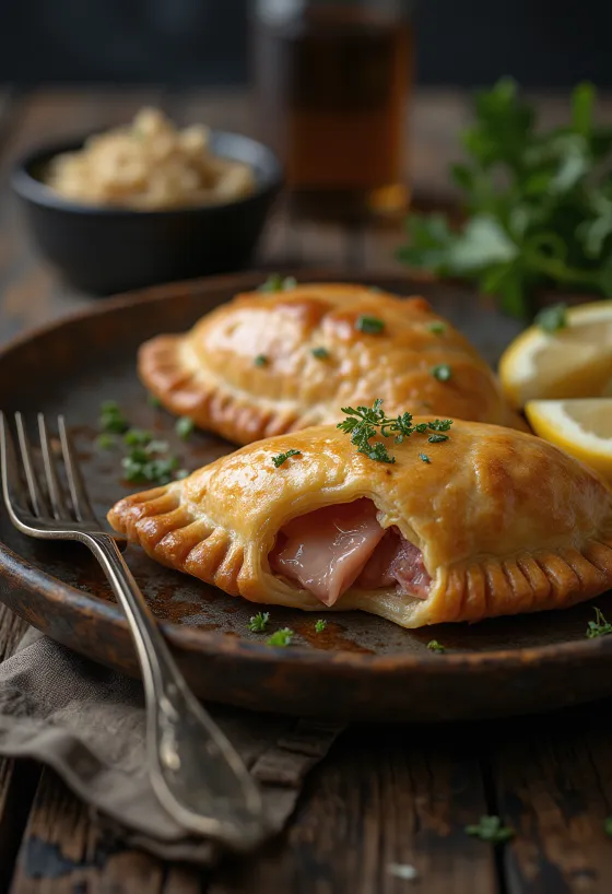 Empanada suitsutatud kaelakarbonaadiga kuldpruunis tainas