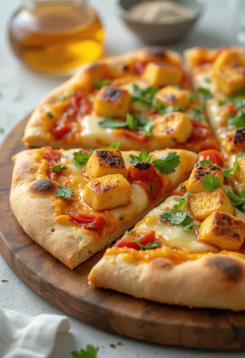 Paneer tikka pitsa jogurtikastme ja köögiviljadega