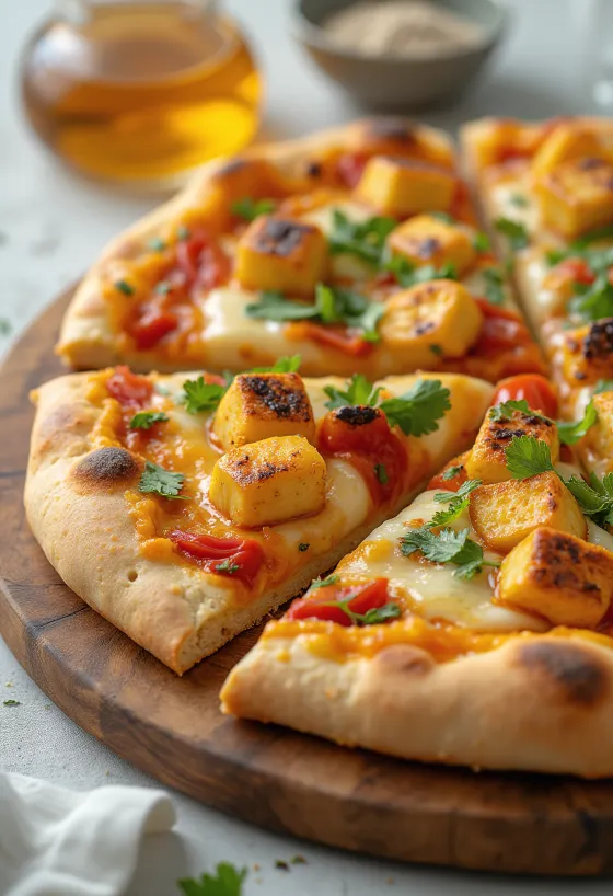 Paneer tikka pitsa jogurtikastme ja köögiviljadega