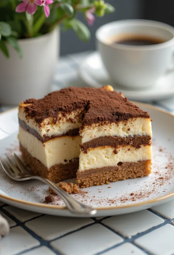 Tiramisu-juustukook kakaopulbriga kaunistatult