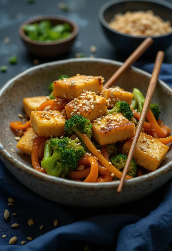 Röstitud tofu ja köögiviljade kauss serveeritult