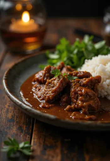 Beef Rendang serveerituna riisi ja värske koriandriga