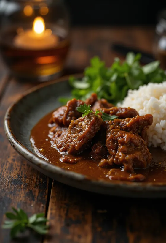 Beef Rendang serveerituna riisi ja värske koriandriga