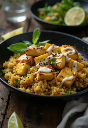 Grillitud tofu ja kinoa vokiroog karri-tahiiniga serveerituna
