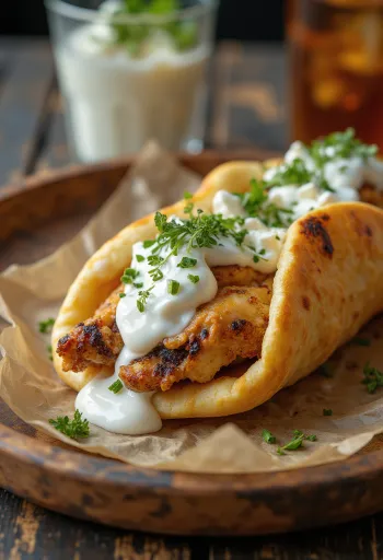 Gyros-võileib praetud kanaga, värskete köögiviljade ja tzatziki kastmega