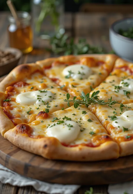 Quattro Formaggi pitsa rohke gorgonzolaga serveerituna