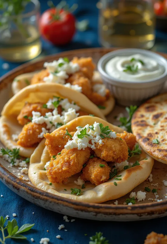 Gyros-praad praetud kanaga, värskete köögiviljade ja tzatziki kastmega