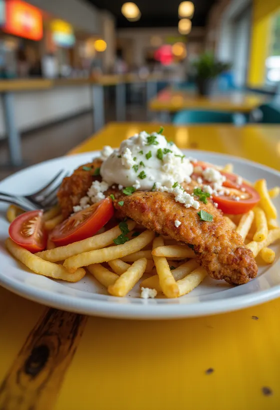 Gyros-eine praetud kanaga, värskete köögiviljade, tzatziki kastme ja friikartulitega