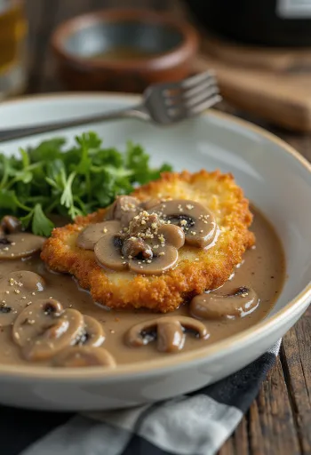 Jägerschnitzel serveerituna seenekastme ja peterselliga
