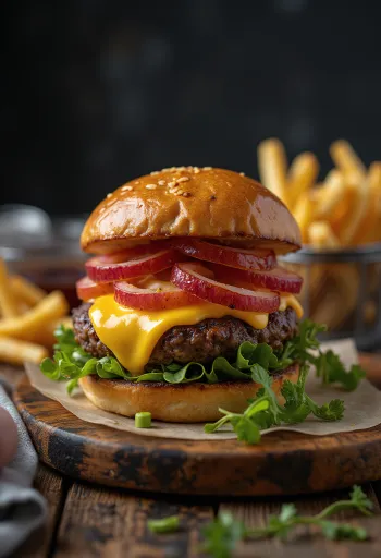 Piisoniburger sulatatud juustu ja värskete köögiviljadega