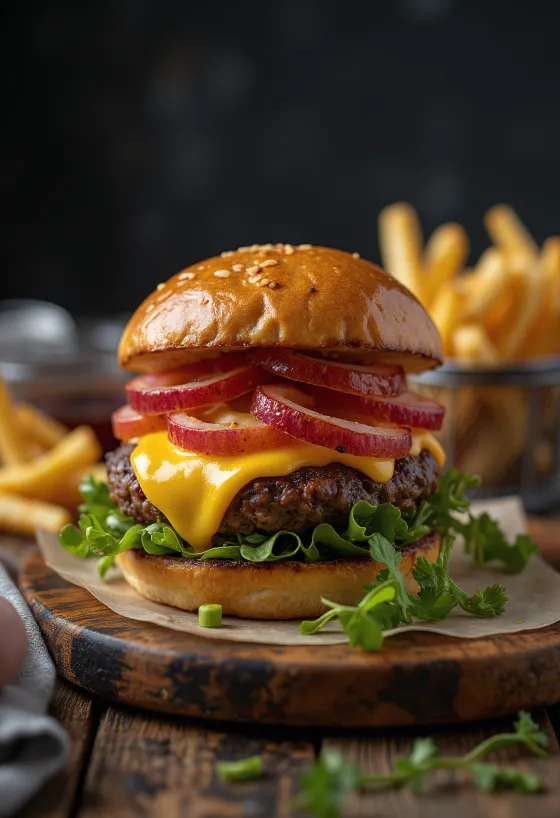 Piisoniburger sulatatud juustu ja värskete köögiviljadega