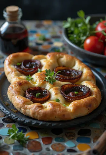Serveeritud röstitud punase sibula ja palsamiäädikaga focaccia