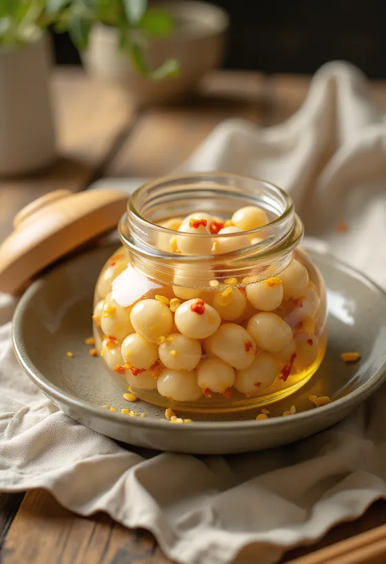 Vürtsikad marineeritud lootoseemned serveerituna