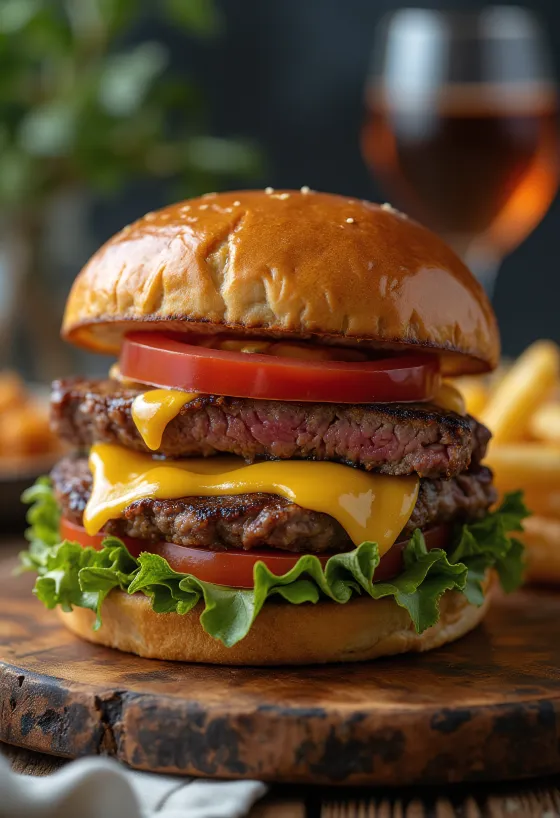 Steik-burger viilutatud lihast juustu ja köögiviljadega