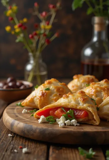 Serveeritud röstitud paprika ja feta samosad