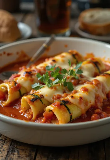 Grillitud suvikõrvitsa ja suitsujuustuga cannelloni serveeritult