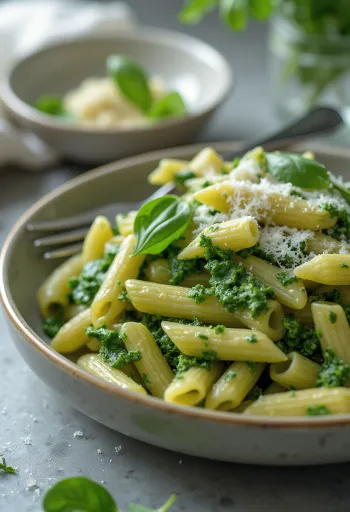 Kreemjas spinatipasta värske parmesaniga, serveeritud valgel taldrikul.
