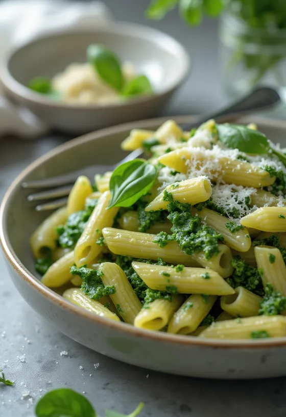 Kreemjas spinatipasta värske parmesaniga, serveeritud valgel taldrikul.