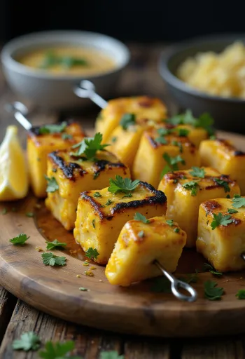 Achari paneer tikka grillitud paneeri tükid, jogurtimarinaadis maitsestatud, värske koriandri ja sidruniga serveeritult
