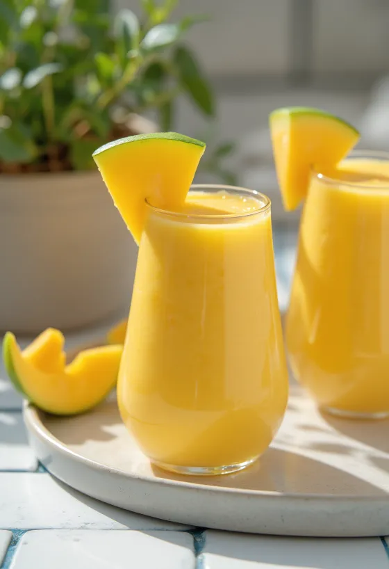Mangosmuuti kõrges klaasis, mangoviiludega kaunistatud