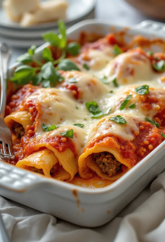 Vorstiga cannelloni tomatikastme ja juustuga serveeritult