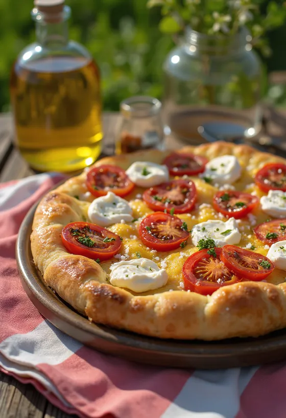 Grillitud tomatite ja ricotta'ga focaccia serveeritult