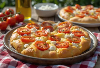Grillitud tomatite ja ricotta'ga focaccia serveeritult