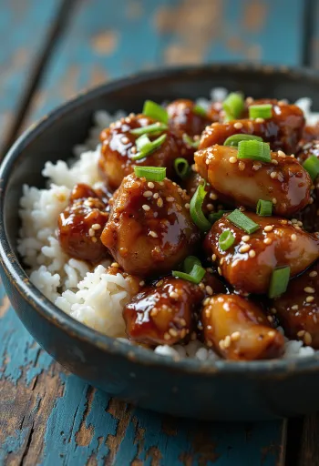 Teriyaki kana seesamiseemnete ja rohelise sibulaga serveeritud