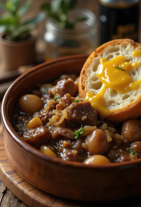 Carbonnade Flamande serveerituna kartulipudruga