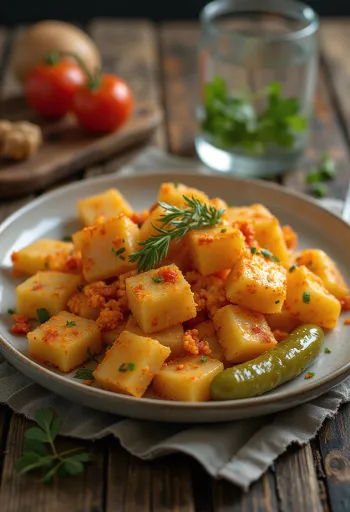 Kartulipasta praetud sibula ja paprikaga serveerituna