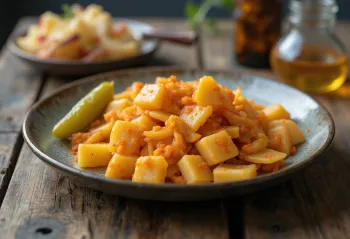 Kartulipasta praetud sibula ja paprikaga serveerituna