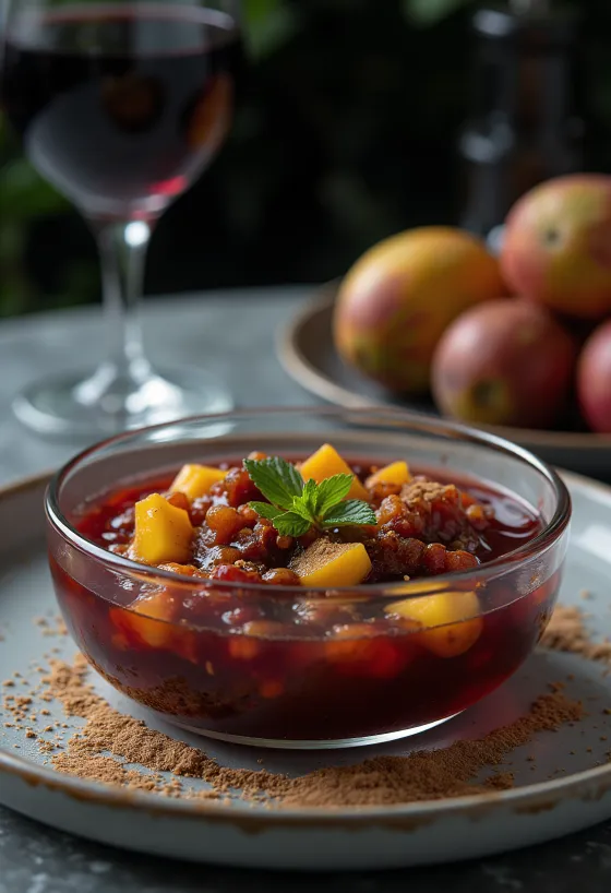 Kaneeli ja mangoga punaveini chutney serveerituna
