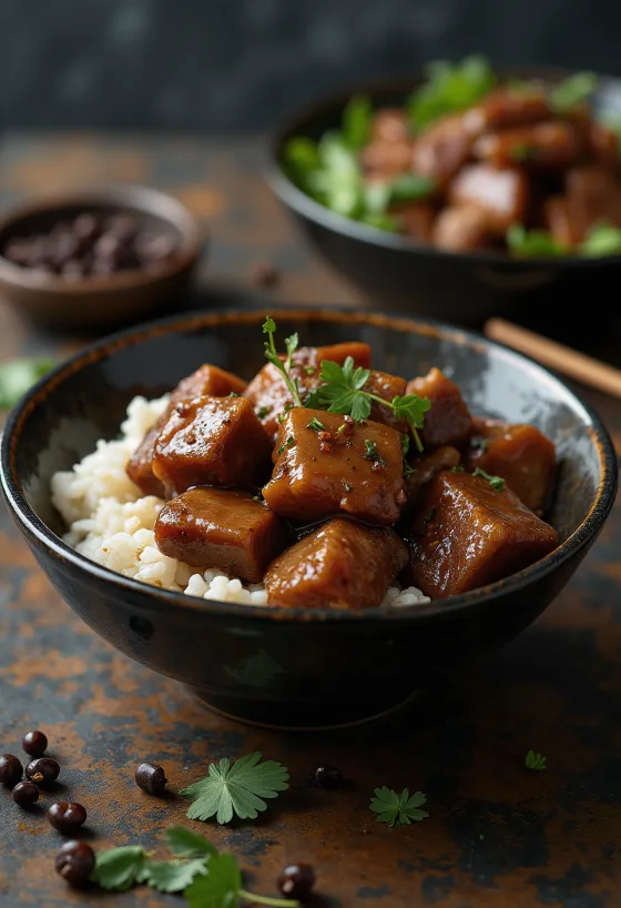 Pork adobo serveeritud aurutatud riisiga