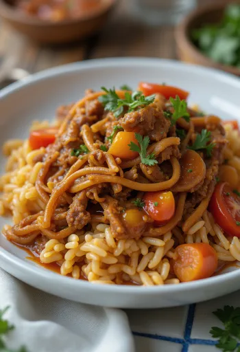Carne Mechada serveerituna arepa ja riisiga